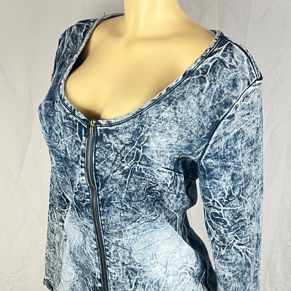 Acid Wash Y2K Dress Large 80s Denim Zipper Front Stretch  THRILL Always Athrill